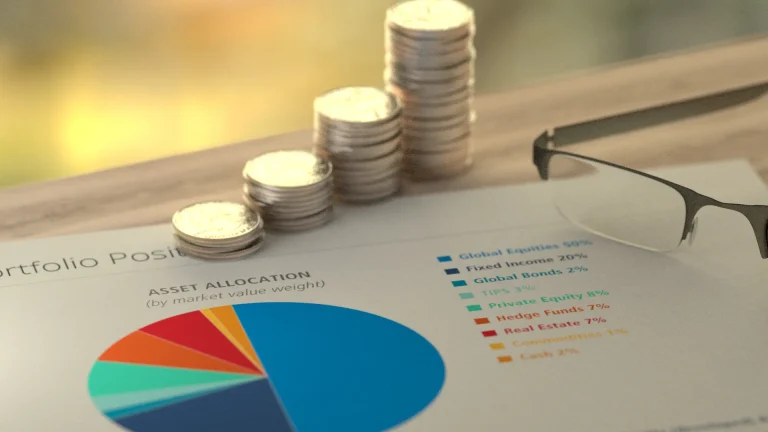 Stacks of coins are beside a pair of glasses and a document titled "Asset Allocation," showcasing the "Investment Initiative" with a pie chart highlighting various investment categories and percentages.